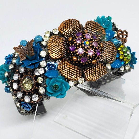 Victorian Steampunk High Detail Copper Turquoise Rose Rhinestone Cuff Bracelet - Picture 1 of 14